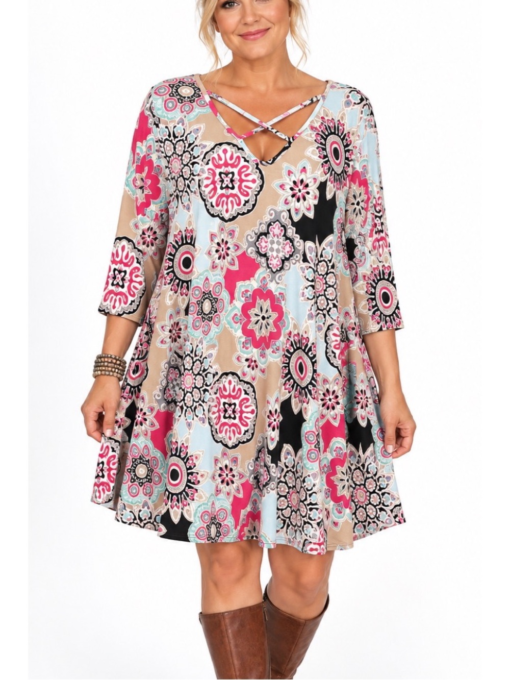Voll boutique Dress in a colorful mix of pink, aqua, black, white, and taupe- 3x